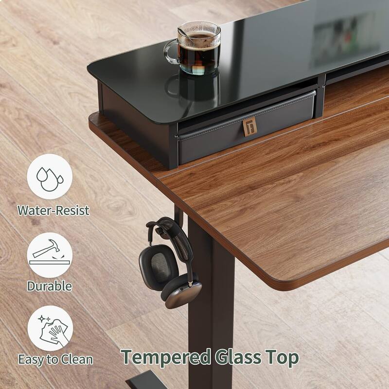FEZIBO Height Adjustable Glass Electric Standing Desk with Double Drawer, Stand Up Desk with Storage Shelf