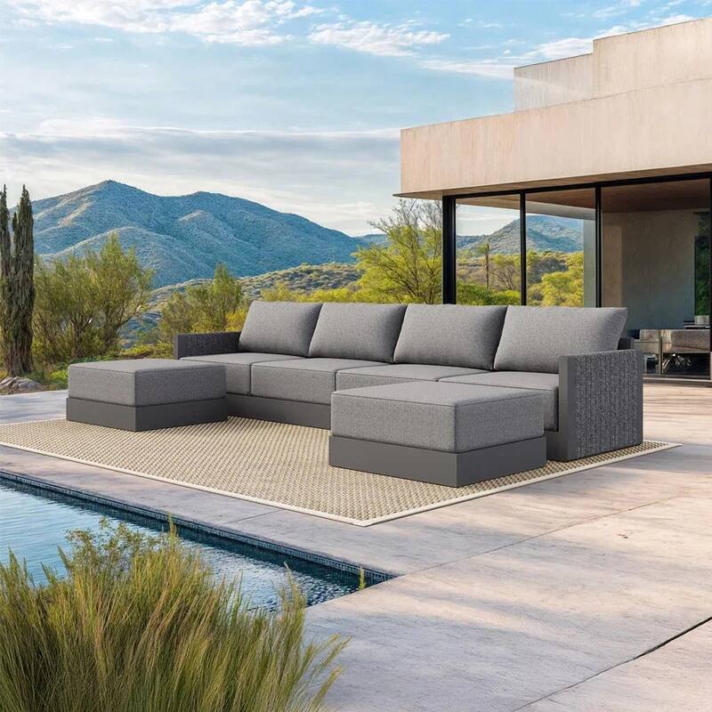 PURPLE LEAF Santorini 4-10 Piece Grey Patio Sectional Sofa Set with Ottoman Cushions Poolside Garden Outdoor Conversation Sets - 6-Piece