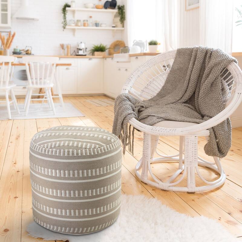 20" Taupe and White Striped Round Outdoor Patio Pouf Ottoman