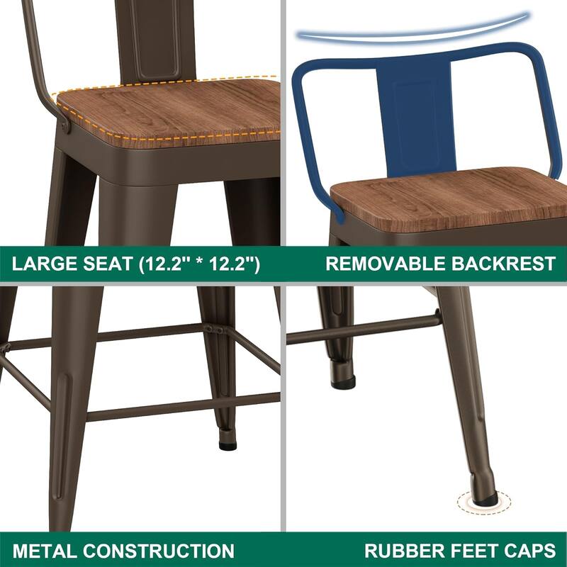 Counter & Bar Stools with Metal Frame Kitchen Stools with Low Back Kitchen Bar Furniture Stools with Square Wooden Seat