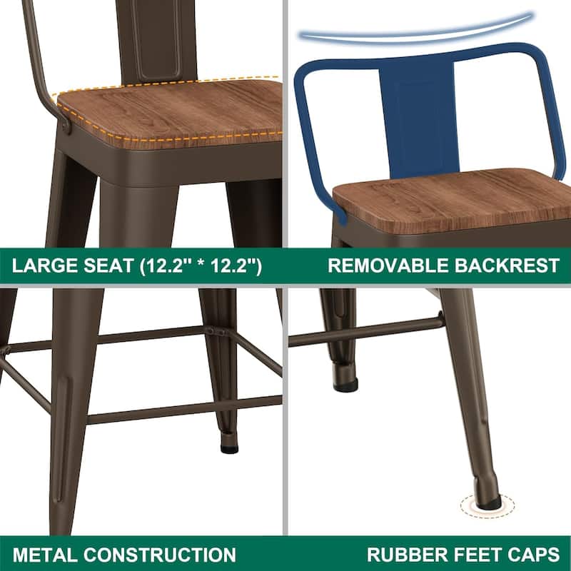 Counter Stools with Metal Frame Counter Height Bar stools with Low Back 24" Kitchen Bar Furniture Stools with Wooden Seat