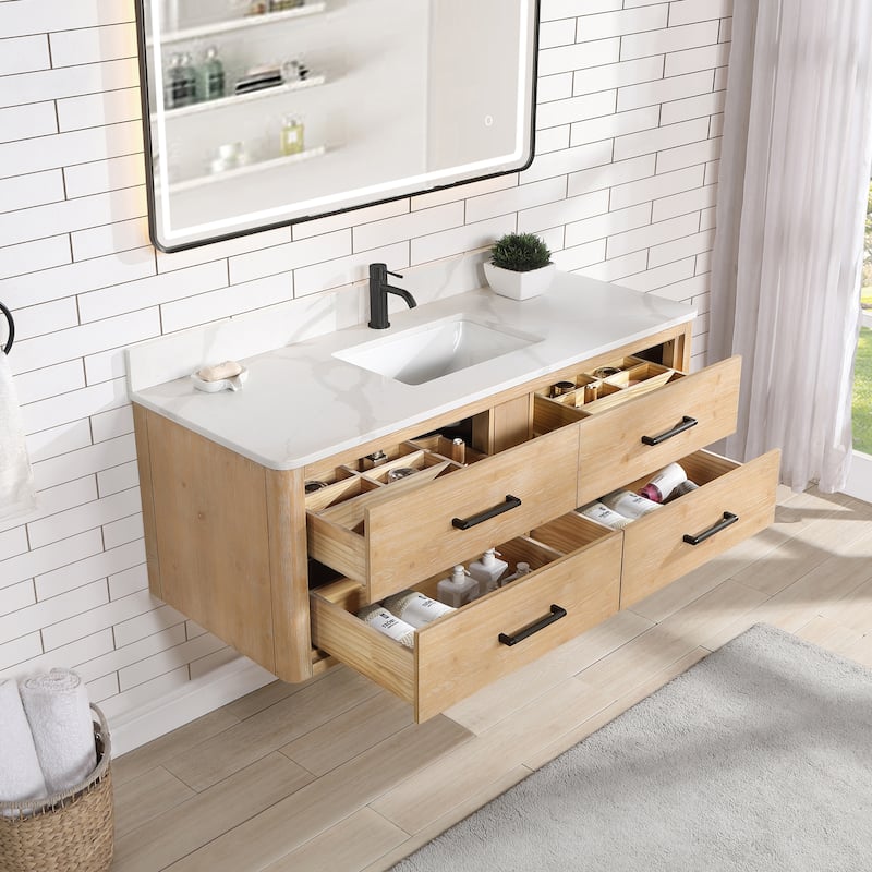 Cristo Floating Bath Vanity with White Quartz Stone Top and Mirror