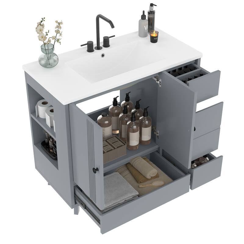 36" Freestanding Bathroom Vanity with Sink - Wood Cabinet with 4 Drawers & Side Storage Rack, Ceramic Basin