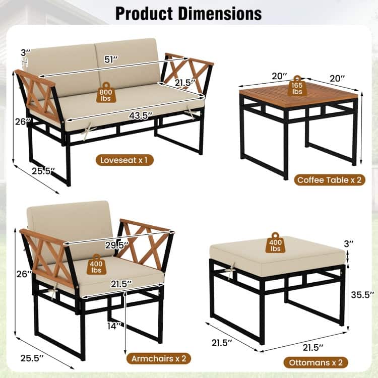 Beige Metal Acacia 7-Piece Patio Set with Cushions and Coffee Tables - Loveseat: 25.5" x 51" x 26"