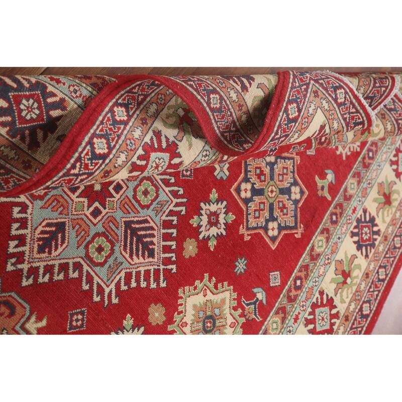 Hand Knotted Oriental 100% Wool Carpet Traditional Geometric Red Kazak Area Rug - 9' 10'' X 6' 6''