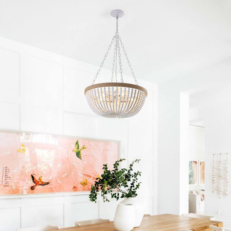 Cusp Barn 5-Light Modern Boho Style Chandelier, 23.6-Inch Oak White Wood Beaded Kitchen Island Pendant Light for Dining Room