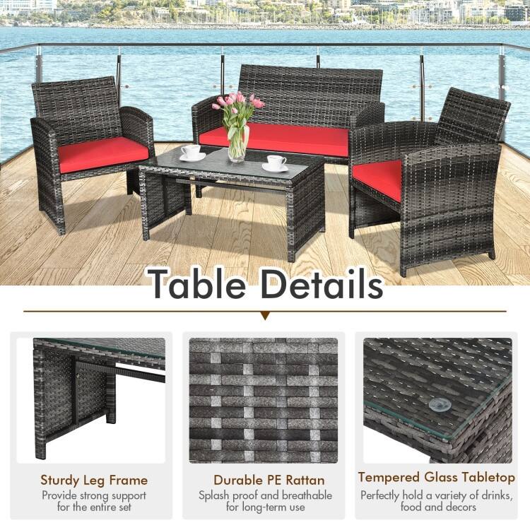 4 Pieces Patio Rattan Furniture Set with Glass Table and Loveseat - 43.5" x 25"x 31" (L x W x H)