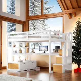 Full Size Loft Bed with Desk and Shelves, White & Natural