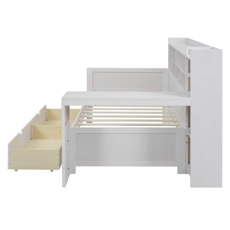 Twin Size Wooden Daybed with Storage Shelves, Two Drawers and Study Desk