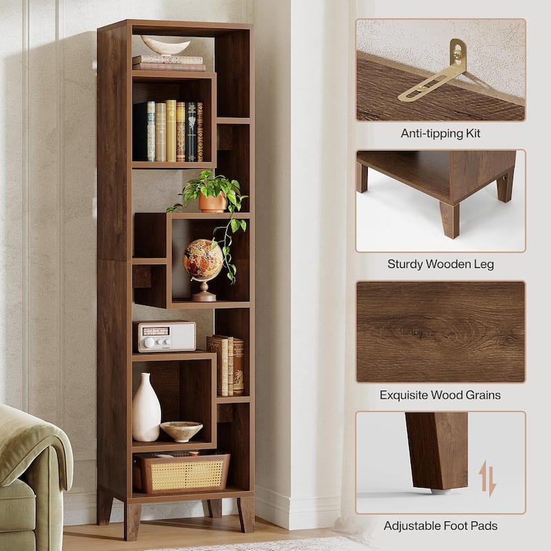 71" Tall Narrow Bookshelf, 8-Tier Staggered Skinny Bookcase