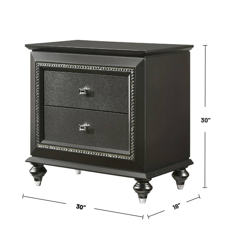 Solid Rubberwood Nightstand with 2 Drawers in Metallic Gray Finish