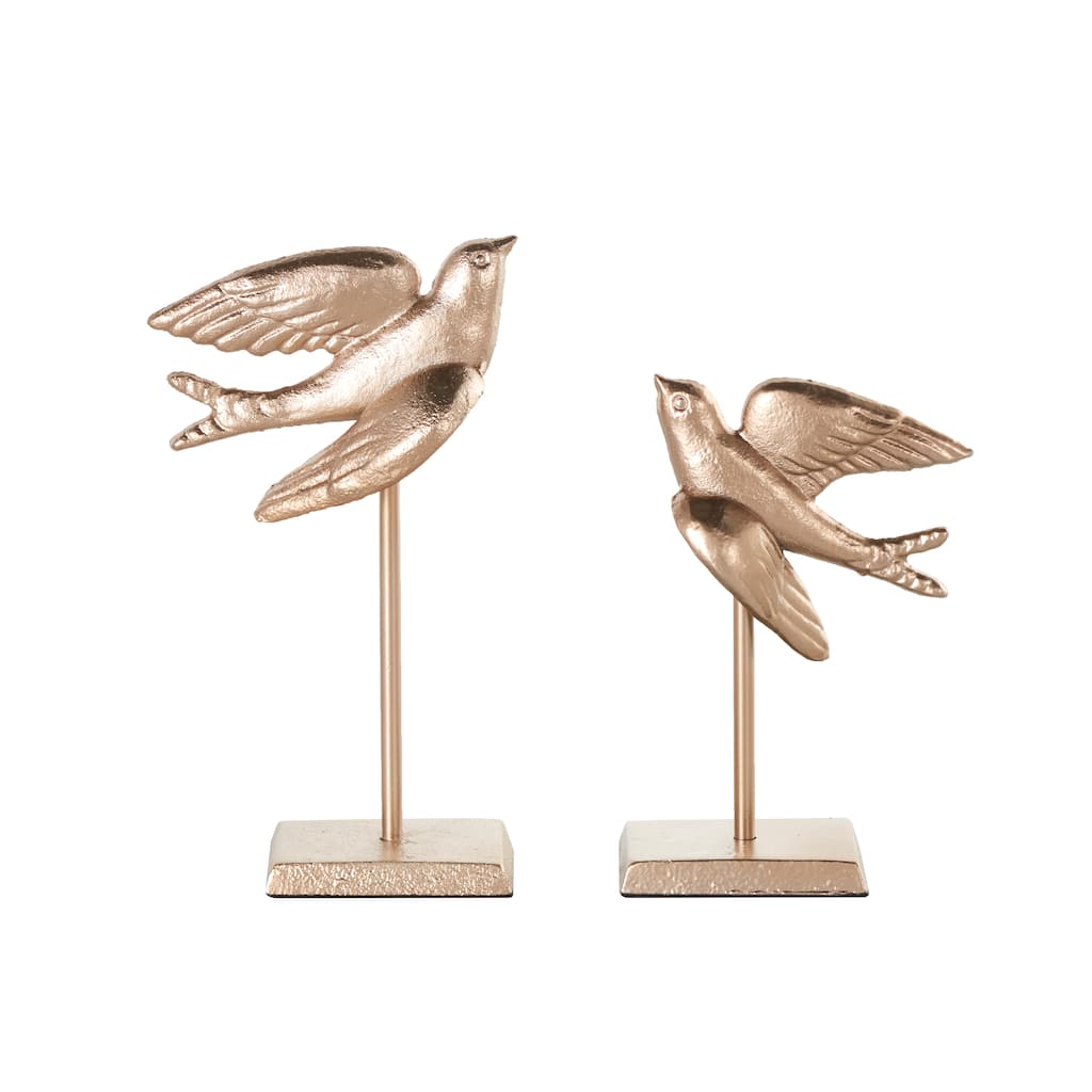 Metal Bird Metallic Sculpture with Stand - Set of 2 Gold - Roche River Decor - 3"W x 5"L x 9"H