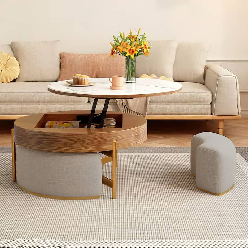 Modern Round Faux Marble Lift-Top Coffee Table Set with Stools and Storage - L 31.5'×W 31.5'×H 19.29'