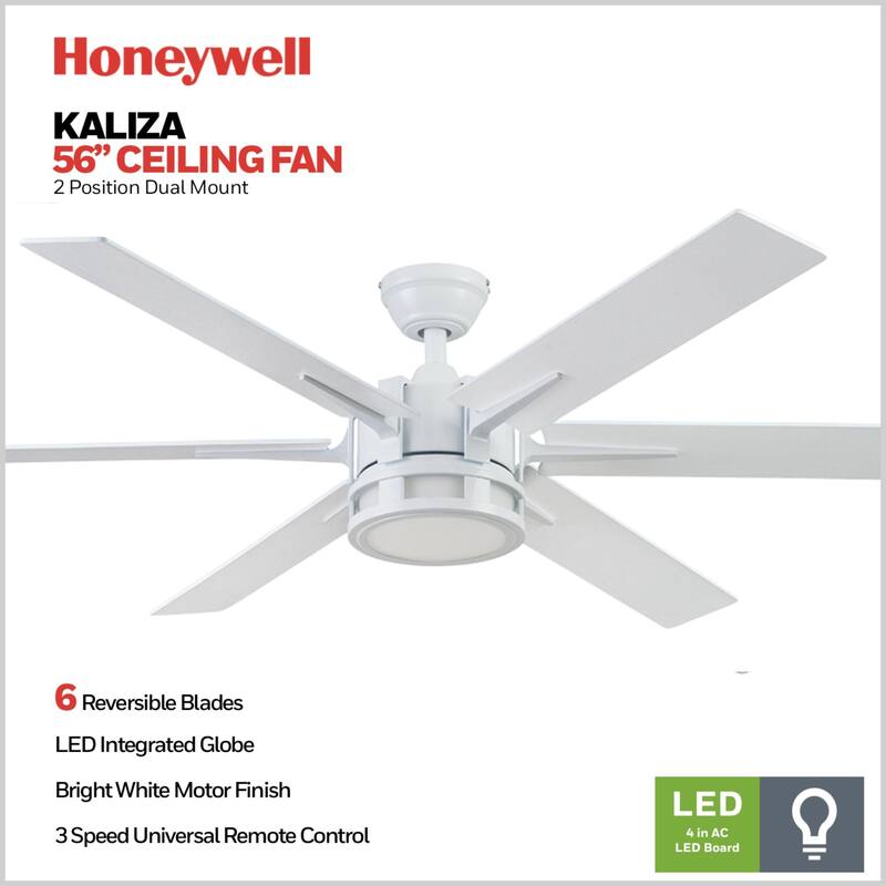 56" Honeywell Kaliza Bright White Indoor Modern LED Ceiling Fan with Light and Remote Control