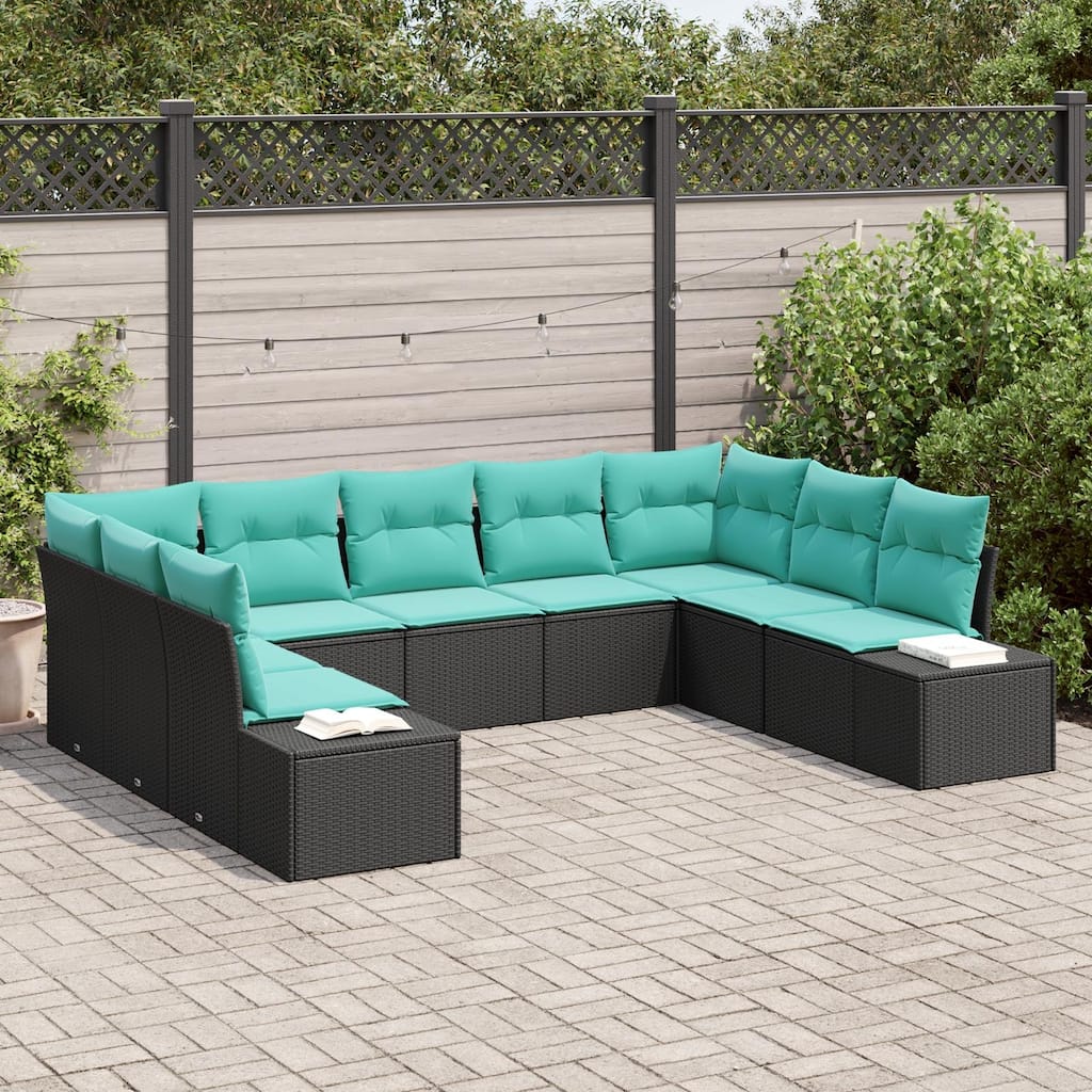 vidaXL 10 Garden Sofa Set with Cushions Black Poly Rattan - 113.8 x 82.3 x 27.2