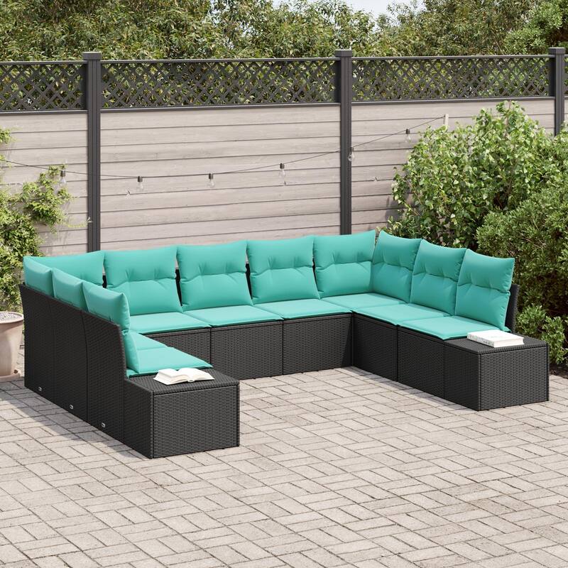 vidaXL 10 Piece Garden Sofa Set with Cushions Black Poly Rattan - 82 x 114 x 27 in