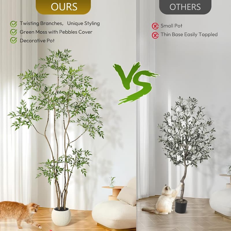 Artificial Plants Indoor, 5FT Tall Faux Floor Plant in Pot, Nandina Artificial Tree with Grey Planter