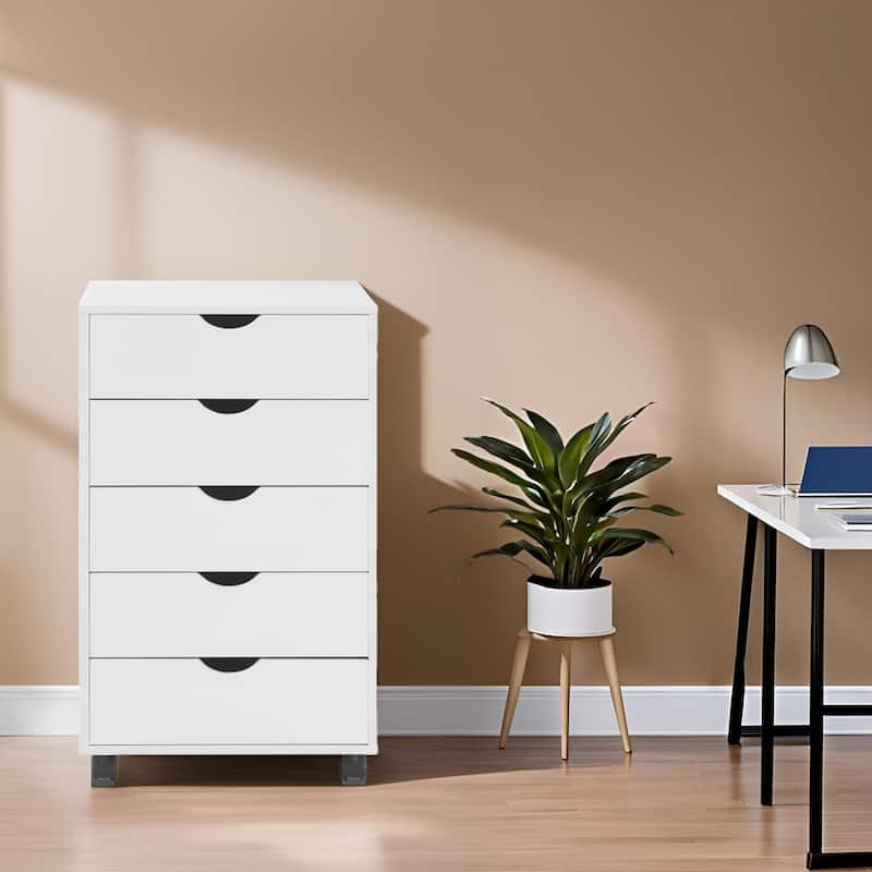 Portable 5-Drawer Wooden Cabinet with 360° Wheels, Smooth Pullout & Extra Top Storage - White