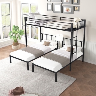 Black Twin Size Metal Triple Bunk Bed, Can Be Separated into 3 Twin Beds, Noise Reduced for Three, Safety Guardrail