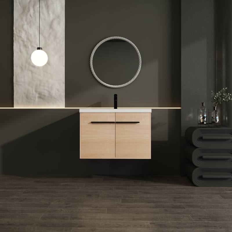 GDFStudio - Levistar Modern Wall-Mounted Bathroom Vanity Set with Scratch-Resistant Resin Sink & Soft Close Doors - 30" - Oak