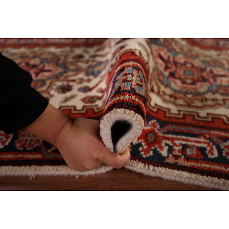 Ivory Geometric Heriz Serapi Oriental Runner Rug Handmade Wool Carpet - 2'7"x 8'1"