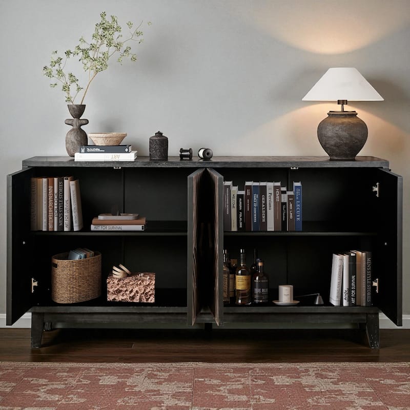 60" Mid Century Modern Sideboard Buffet Cabinet with Diamond Pattern Doors, Solid Wood Legs, Storage Credenza for Living Room