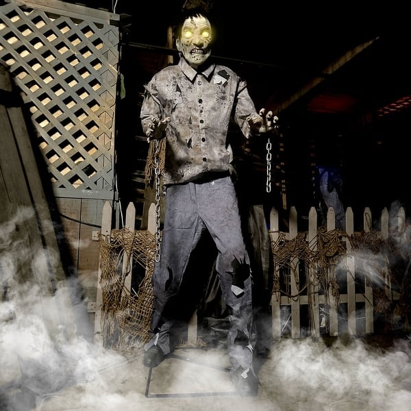 slide 2 of 16, Haunted Hill Farm 6-Ft. Tall Motion-Activated Guard Zombie, Premium Halloween Animatronic