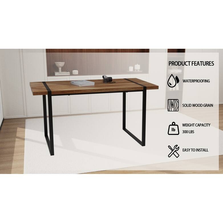 59 " dining table modern industrial rectangular, 1.5" thick engineering wood tabletop and black rectangular metal legs
