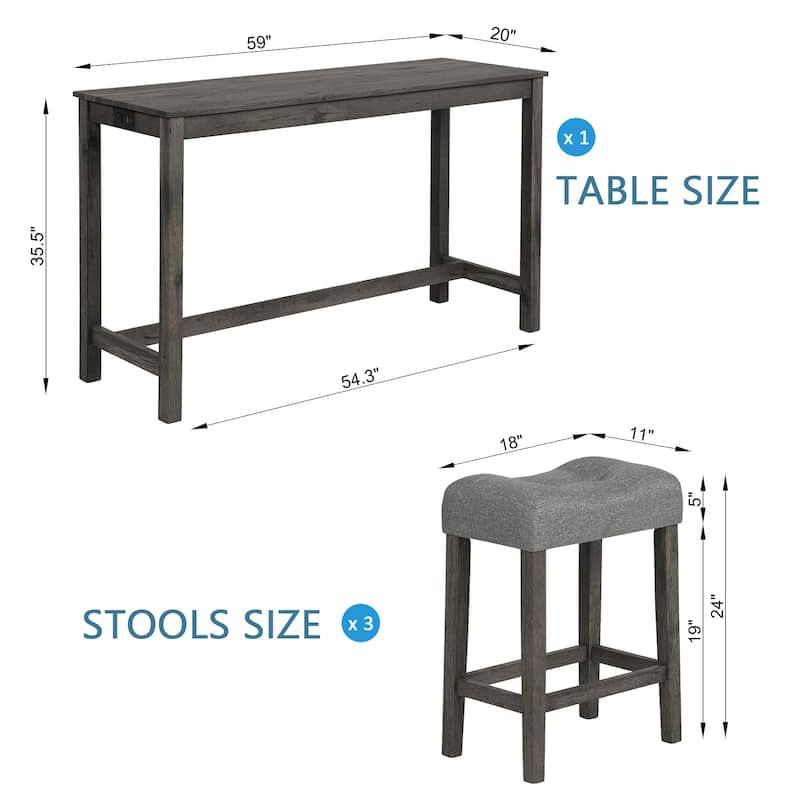 GDFStudio - Calverly 4-Piece Industrial Bar Table Set with USB Power Station and 3 Linen Upholstered Stools