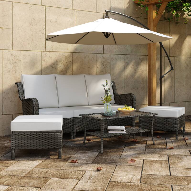 Outdoor 6-Piece Rattan Wicker Sectional Sofa Set With Cushion - Grey Frame/Table - Beige/Grey