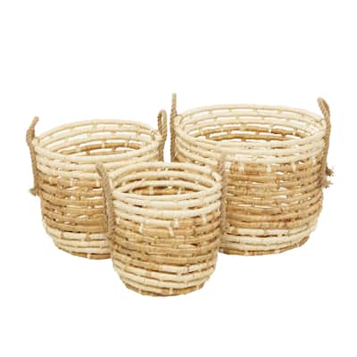 Seagrass Handmade Two Toned Storage Basket with Handles - Set of 3 Beige - Roche River Decor