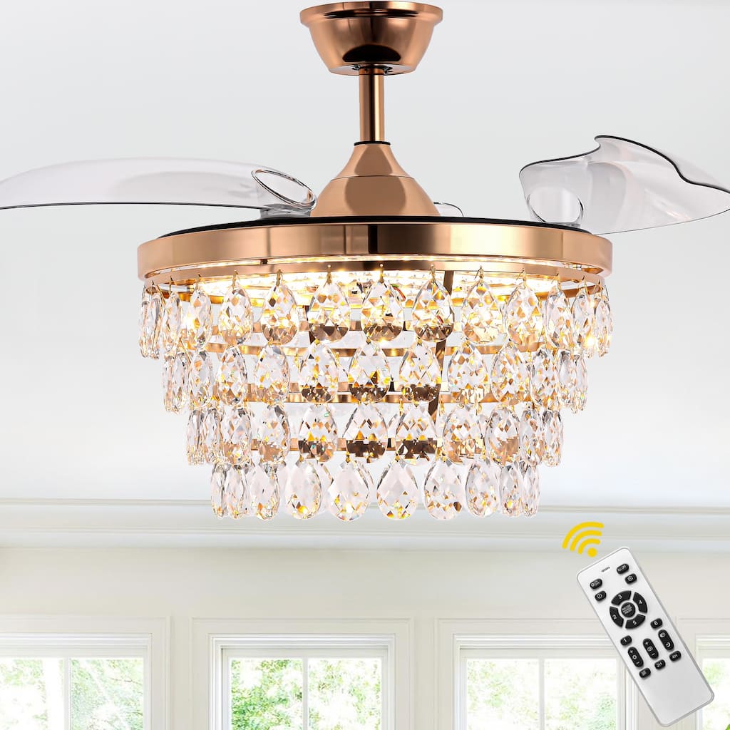 Bella Depot 42" Retractable Crystal Ceiling Fan with Light and Remote 6-Speed Reversible Fan