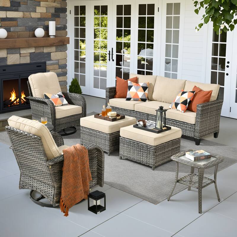 XIZZI 6-Piece Patio Furniture Conversation Set with Swivel Chairs - Beige