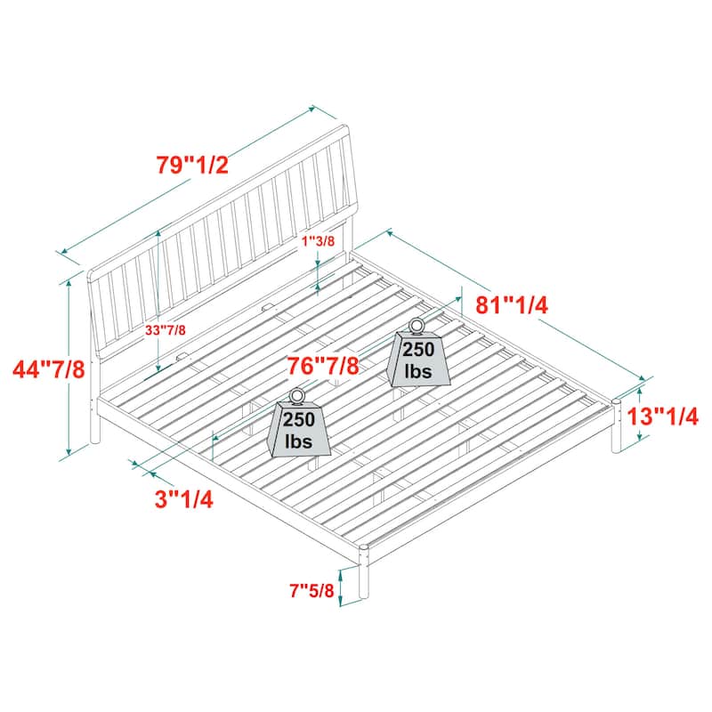 King Size Solid Pine Platform Bed with Center Support and No Box Spring Needed