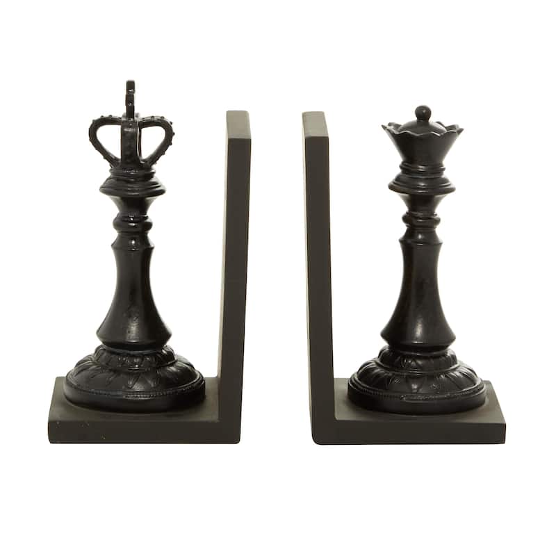 Black Polystone Chess Decorative Bookends with King and Queen (Set of 2)