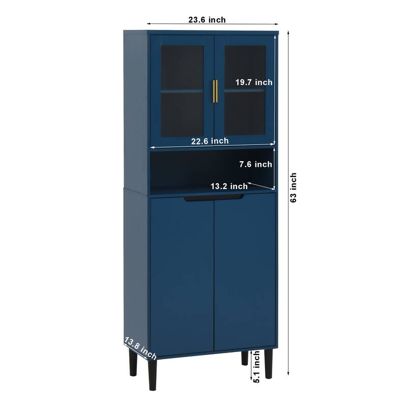 Tall Storage Show Cabinet with 2 Glass Display Door & 2 Doors, Kitchen Pantry Cabinet with Gold Handles，Cabinet Freestanding