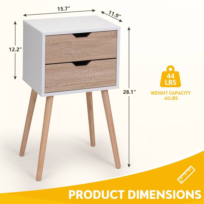 Nightstand w/ 2 Drawers, Bedside Tables w/ Solid Wood Legs and Storage