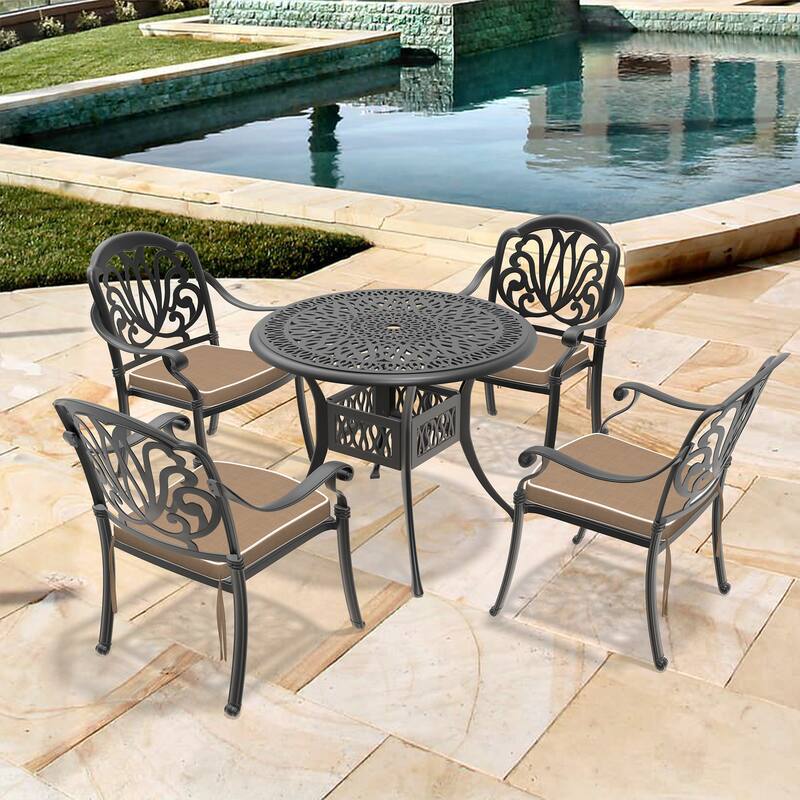 3/5-Piece Cast Aluminum Outdoor Dining Set with 35.43 in. Round Table and Random Color Seat Cushions