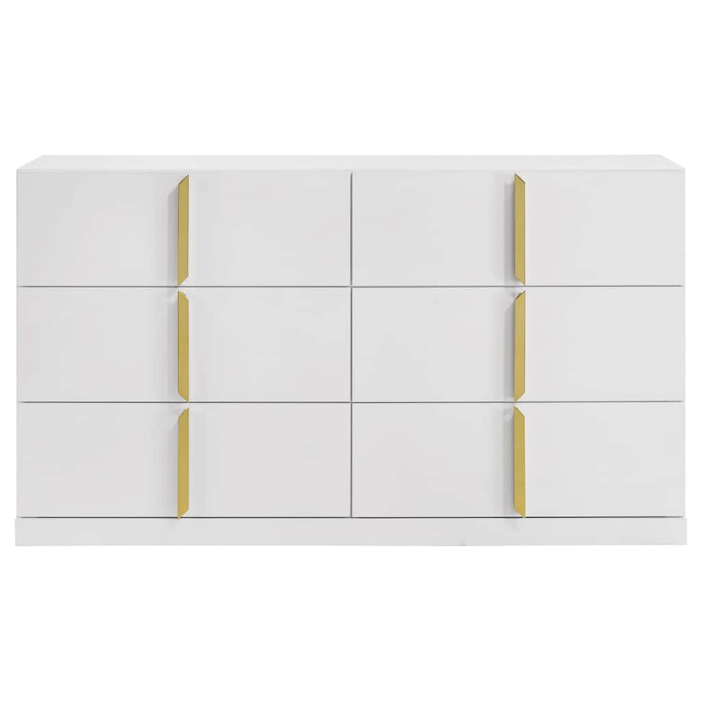 Orion Wide Dresser with 6 Drawers, Gold Handles, Glossy White Wood