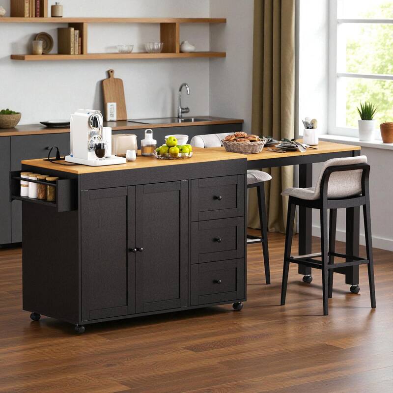 Kitchen Island with Extendable Dining Table, Power Outlet, Rolling Storage Cart with 3 Drawers, 2-Door Cabinet, and Spice Rack - Black