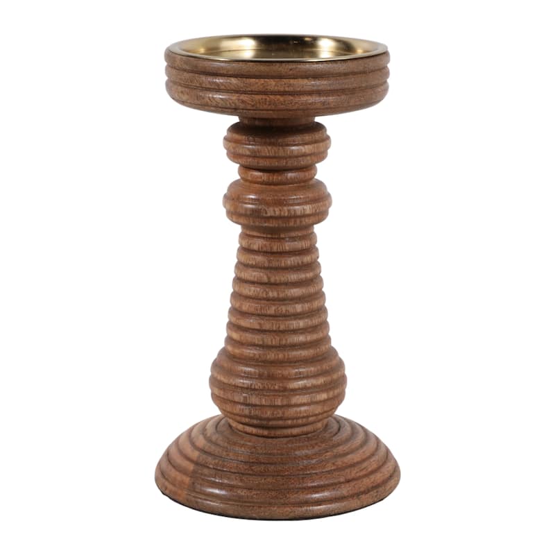 Candle Holder - Brown Mango Wood Ribbed Pillar