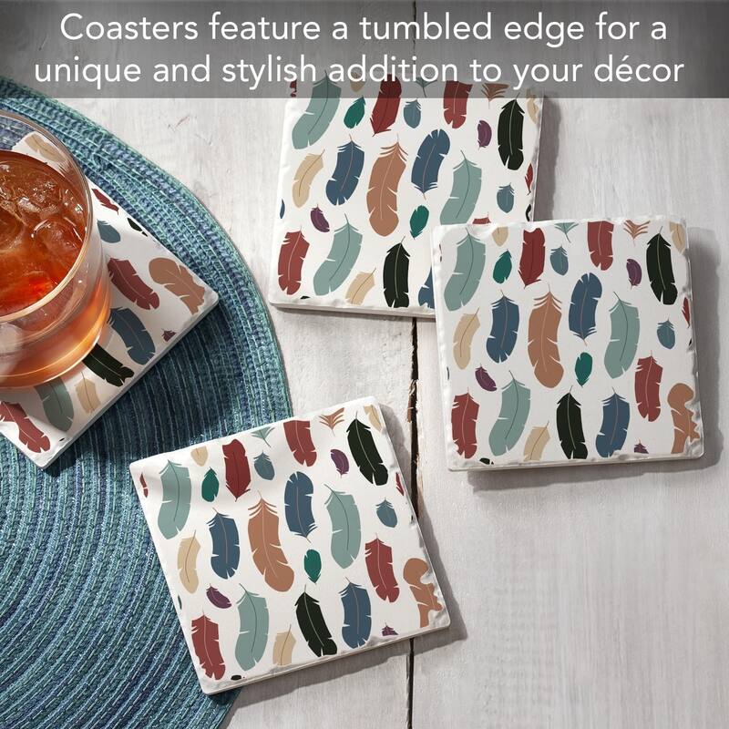 Feathers 4-Pack Absorbent Stone Tumbled Tile Coasters with Protective Cork Backing 4" Square Made in The USA Easily Wipes Clean