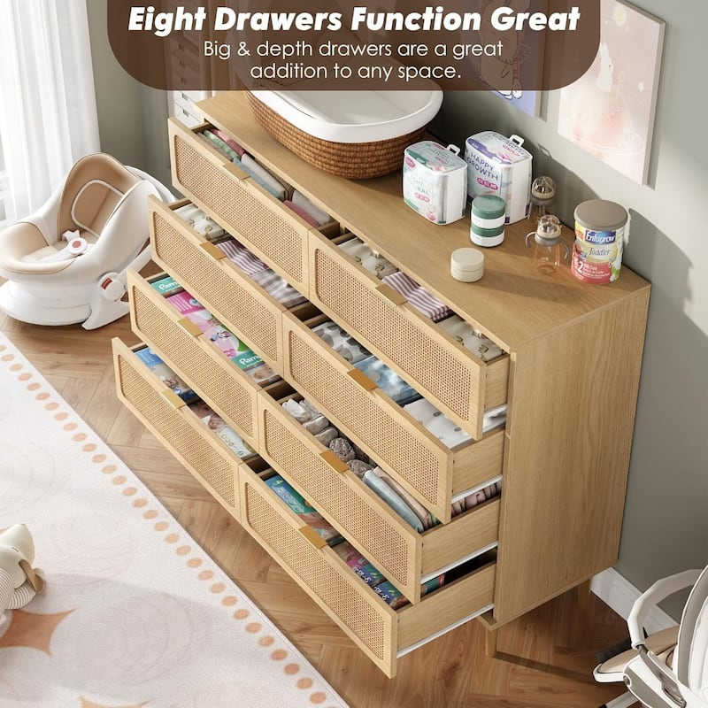 Rattan 8 Drawer Dressers TV Stand for Bedroom Living Room