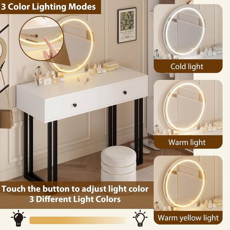 Modern Vanity Desk with Mirror and 3 Colors LED Lights