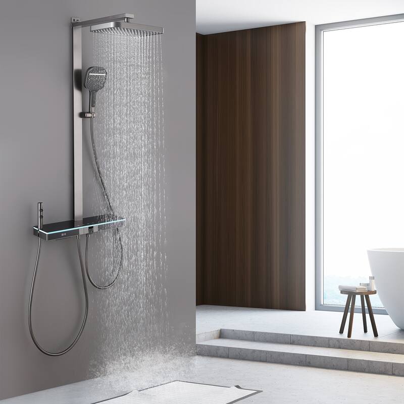 14.17" Digital Display Thermostatic Shower System with Rough in-Valve, Rainfall Shower Faucets - Gunmetal gray