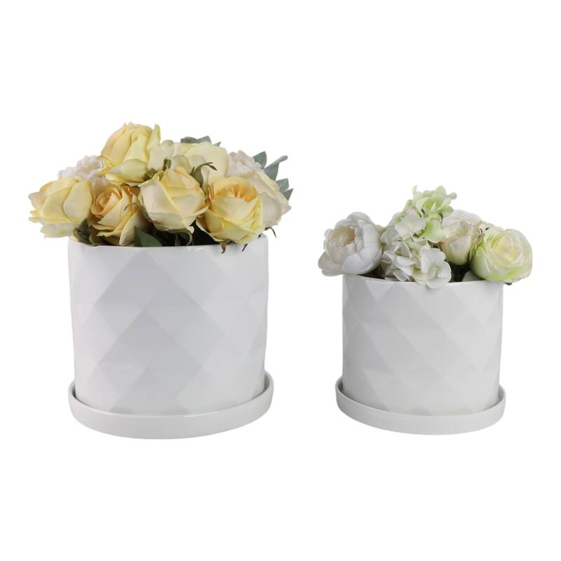 Ceramic Saucer Planters Geometric Finish (Set of 2) - 10", 9" White - 11.75" x 11.75" x 10.25"