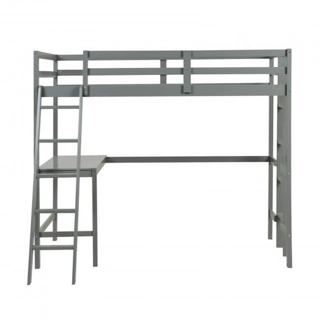 Twin Size Loft Bed Frame with Desk Angled and Built-in Ladder - Grey