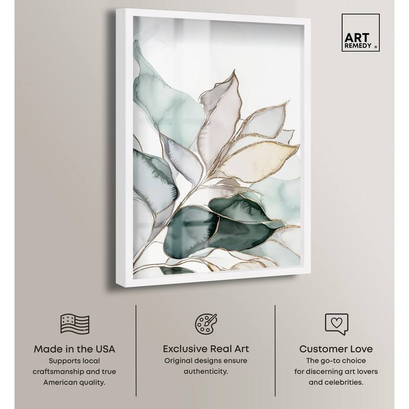 Pastel Leaves with Gold I Shadowbox by Art Remedy