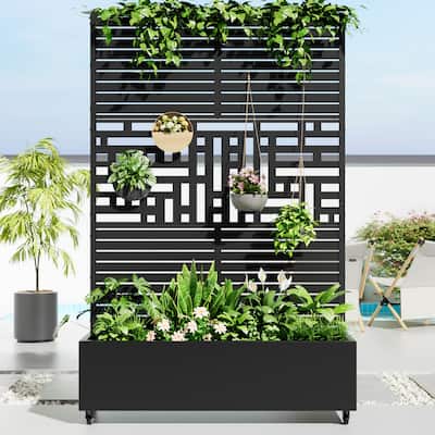 Metal Movable Planter Box with Trellis Privacy Screen Planter Box with Lockable Wheels