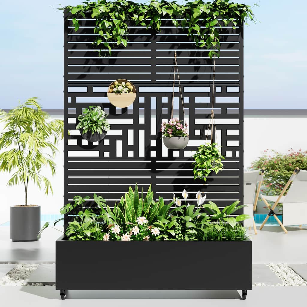 Metal Movable Planter Box with Trellis Privacy Screen Planter Box with Lockable Wheels